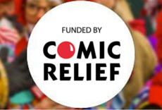 Funded by Comic Relief logo in the centre, with images of clowns and people fundraising round the edge