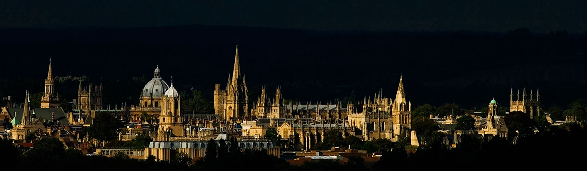 Oxford spires skyline at night, dramatically lit