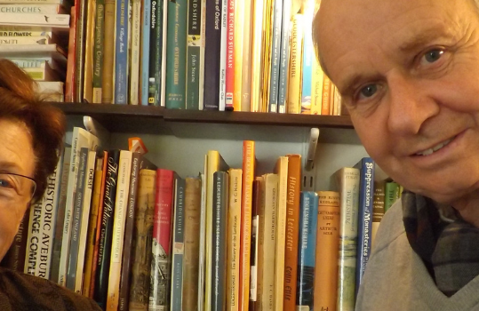 Bob and Kati Evans in a library