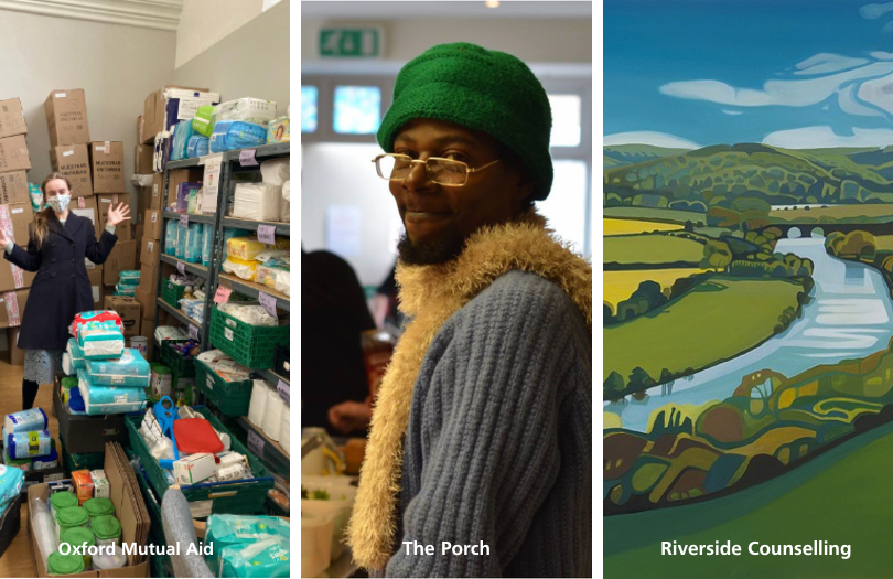 Three images: a woman in a food bank; a man in a hat smiling; an artwork of a river