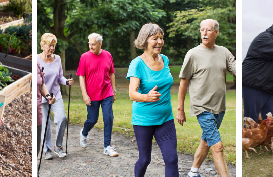 Groups of people doing purposeful activities outside and looking happy.