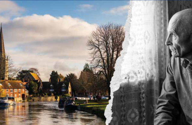 An image of the Thames in Abingdon, ripped away to reveal a lonely older man looking out of a window