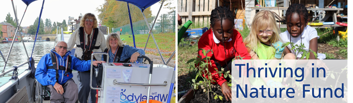 Two photographs. The first shows a man in a wheelchair in an adapted boat. The second picture shows three children planting tomatoes.