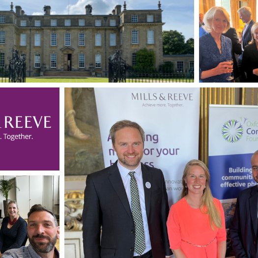 Collage of images of Ditchley Park, donors at the event, Mills and Reeve/OCF banners and staff; skills workshop being run by M&R