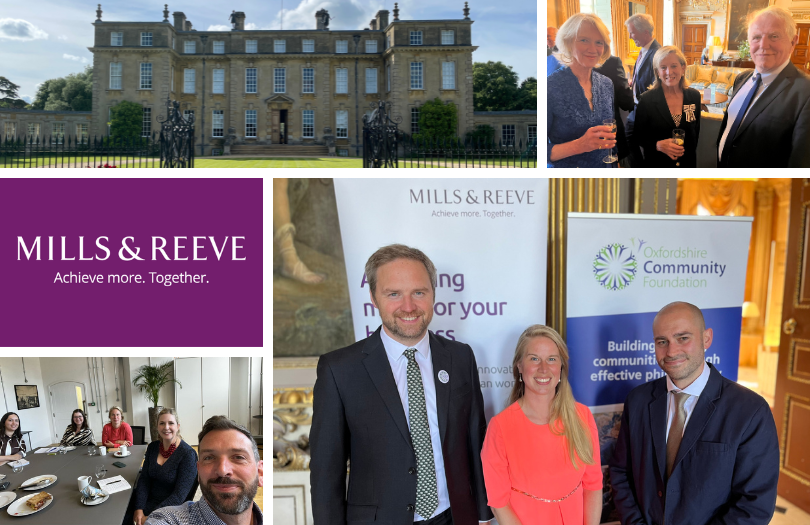 Mills and Reeve collage Collage of images of Ditchley Park, donors at the event, Mills and Reeve/OCF banners and staff; skills workshop being run by M&R