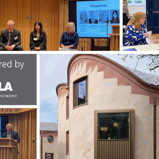 Funders Forum news image Collage of images: panel session on stage; two people chatting in workshop; "Sponsored by CCLA" logo; Peter Frumkin's address; exterior view of Gradel Institute