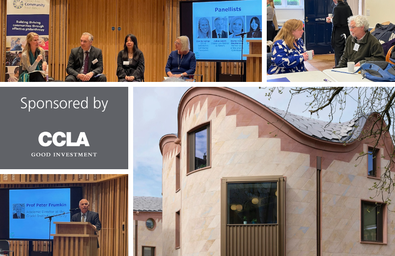 Funders Forum news image Collage of images: panel session on stage; two people chatting in workshop; "Sponsored by CCLA" logo; Peter Frumkin's address; exterior view of Gradel Institute