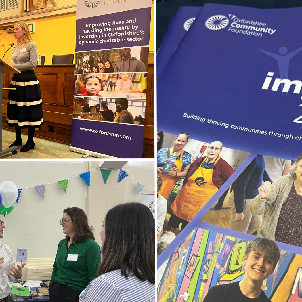 Giving Tuesday news image 810 x 525 Zoe Sprigings, CEO, speaking at a lectern, a group of people chatting at the event and the front cover of OCF's impact report.