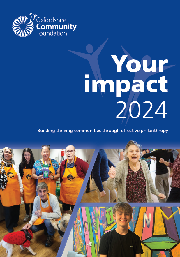 Impact report 2024 Cover of the 2024 impact report featuring an elderly lady dancing, a boy standing in front of a grafitti wall and volunteers at a community cafe.