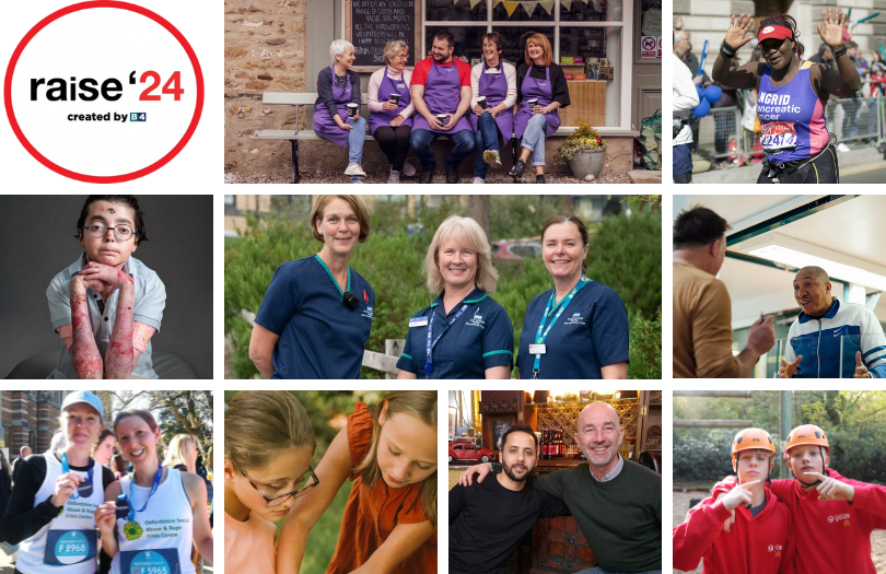 Raise 24 charities with logo Collage of images from the grantee charities with Raise 24 logo