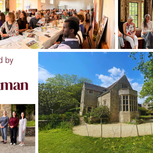 Asthall Thriving in Nature collage A room of people sitting at tables listening to a speaker