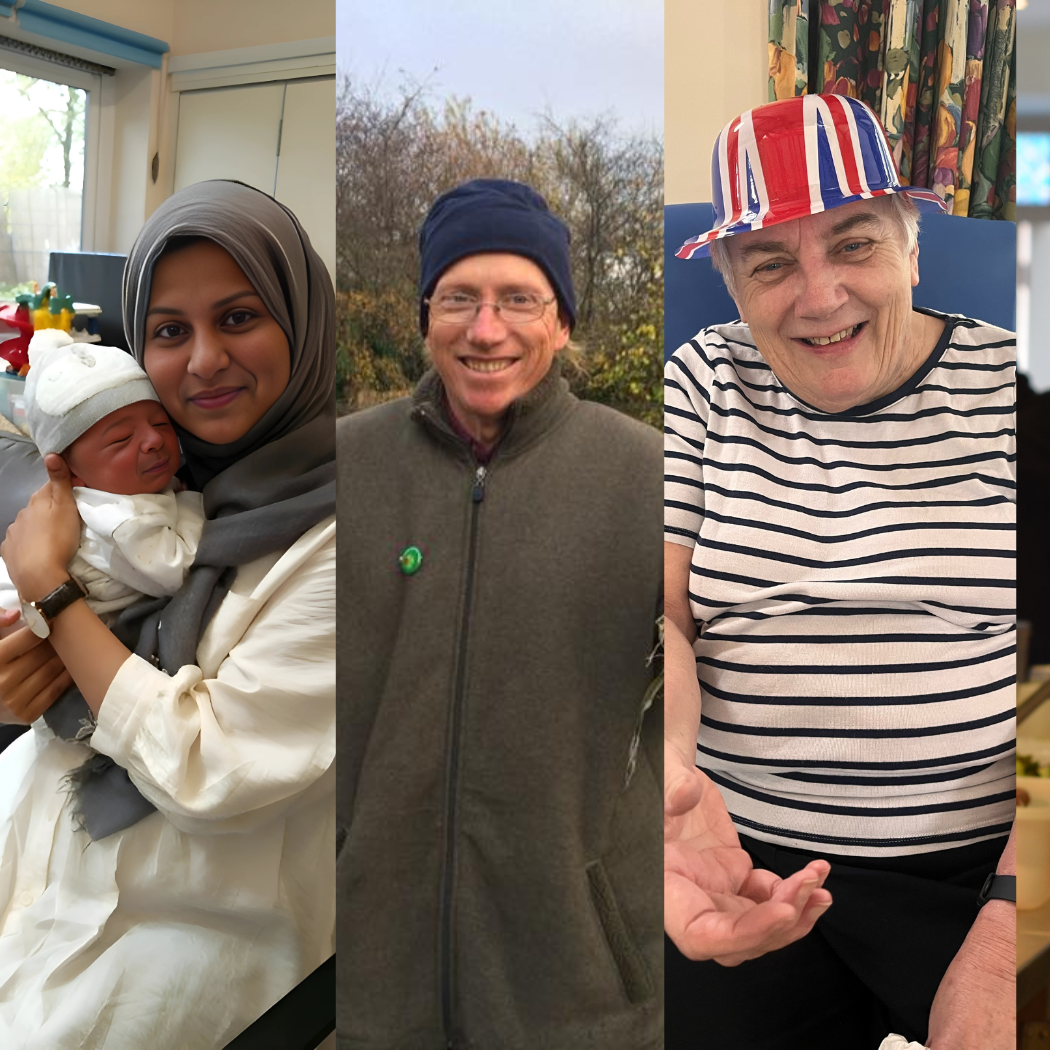 2025 grants news header 810 x 525 A young adult with additional needs, a mum and newborn baby, a man gardening, an elderly lady smiling, a man being served food.