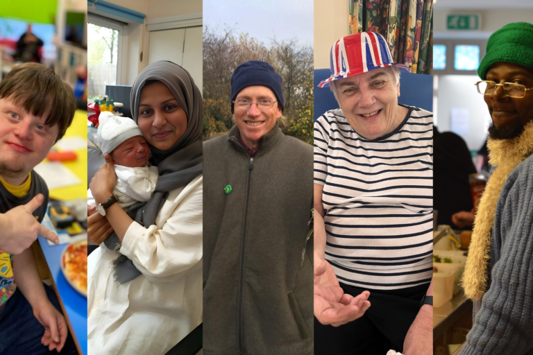 A young adult with additional needs, a mum and newborn baby, a man gardening, an elderly lady smiling, a man being served food.