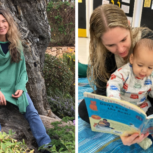 Two photos - the first is a woman leaning against a tree and smiling. The second shows a woman reading a picture book to a baby.