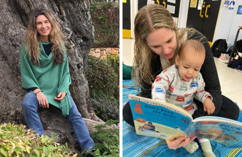 Harriet Ryley news story images Two photos - the first is a woman leaning against a tree and smiling. The second shows a woman reading a picture book to a baby.