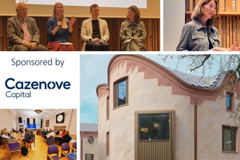 Collage of images from the event, including the panel session, workshop, Beth speaking and outside view of the Gradel, plus the Cazenove logo