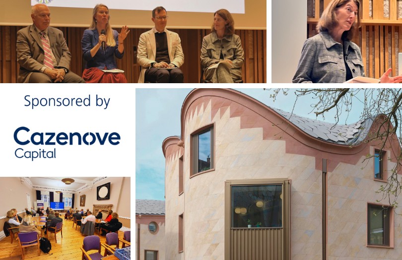 Funders-Forum-2025-news-image Collage of images from the event, including the panel session, workshop, Beth speaking and outside view of the Gradel, plus the Cazenove logo