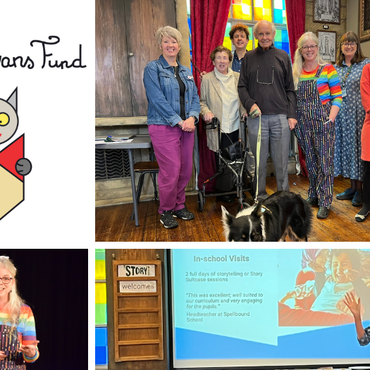 Collage of images of the Evans family and friend, Zoe Sprigings, Jo Cotterill and Lucy Webber at The Story Museum