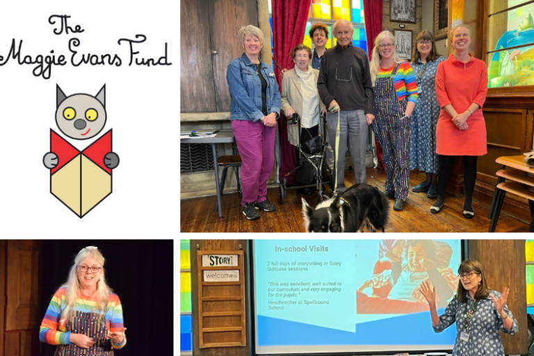 Collage of images of the Evans family and friend, Zoe Sprigings, Jo Cotterill and Lucy Webber at The Story Museum