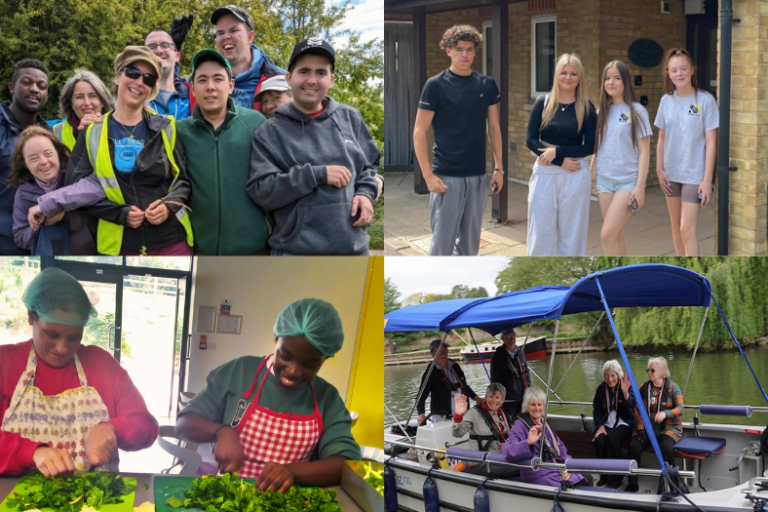 Four different pictures showing groups of people from different charities that have been funded by OCF in the year.