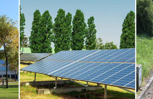 Picture of infrastructure: a new corporate building, solar panels in a field, and a railway line.