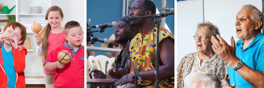 Different groups of people from different backgrounds enjoying participating in music.
