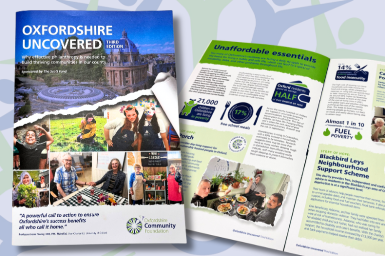 Uncovered launch news story 810×525 (1) A picture of the front cover of Oxfordshire Uncovered, along with a page of the report discussing Unaffordable Essentials.