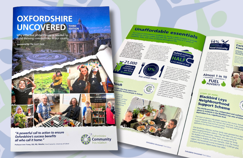 A picture of the front cover of Oxfordshire Uncovered, along with a page of the report discussing Unaffordable Essentials.