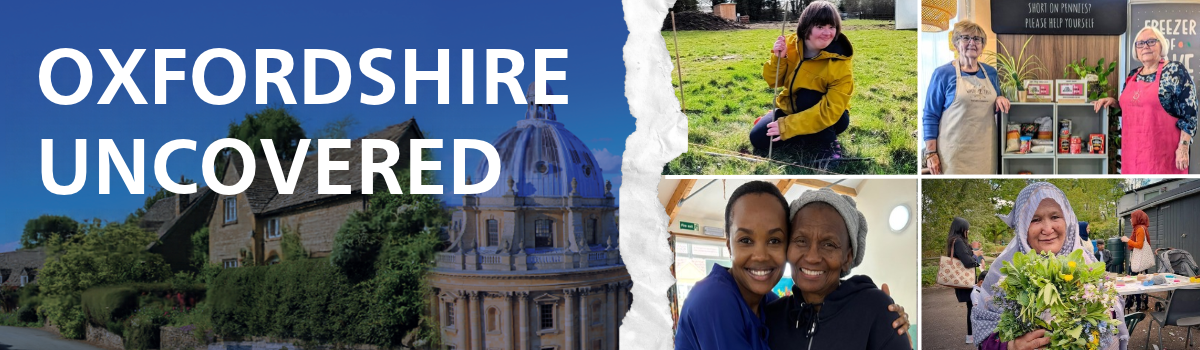 A picture of Cotswolds cottages and the Radcliffe Camera in Oxford, contrasting with pictures of four charities at work, with happy, smiling individuals.
